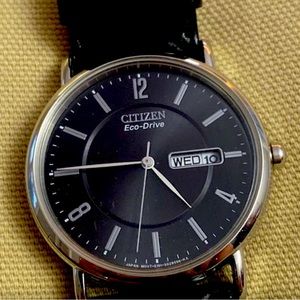 CITIZEN Silver Tone Black Dial Leather Eco-Drive Men’s Watch Working Charges